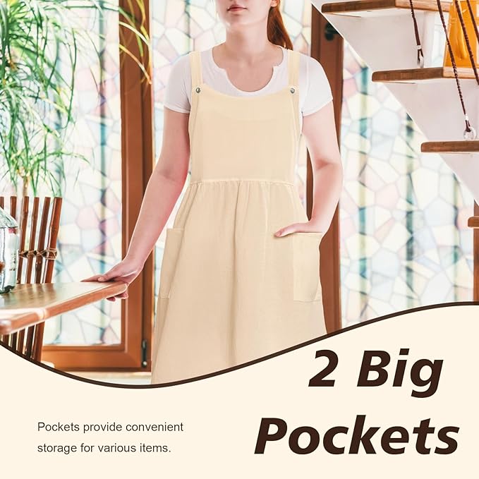 Cityelf Vintage Pinafore Apron Dress Snap Adjust Linen Cotton with Pockets Floral Aprons for Cooking Gardening