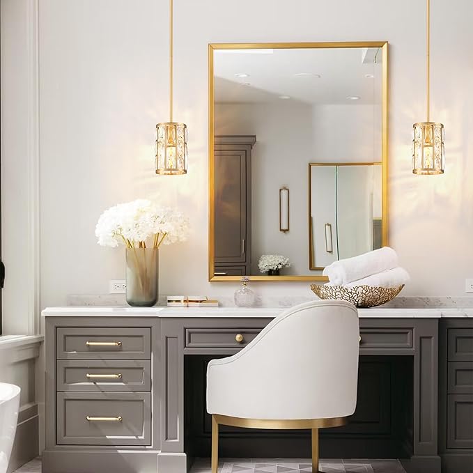 MEXO Modern Crystal Pendant Light Fixture 2-Pack Gold Finish Hanging Lighting Crystal Chandelier for Kitchen Island