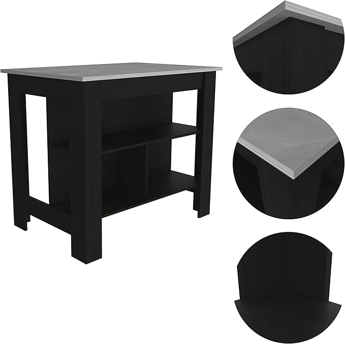 40" Extra Countertop Extendable Dining Table, Work Island with Functional Storage, Kitchen Island Table with Comfortable Prep Space for Kitchen Meal Prep and Storage, Black + Marble