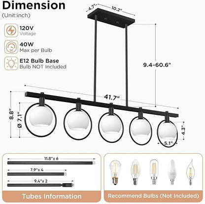 ropelux Dining Room Light Fixture, 5-Light Chandelier for Kitchen Island Over Table with E12 Socket(Bulb not Included), Black Rustic Hanging Pendant Light Fixtures with Frosted White Glass Lampshade