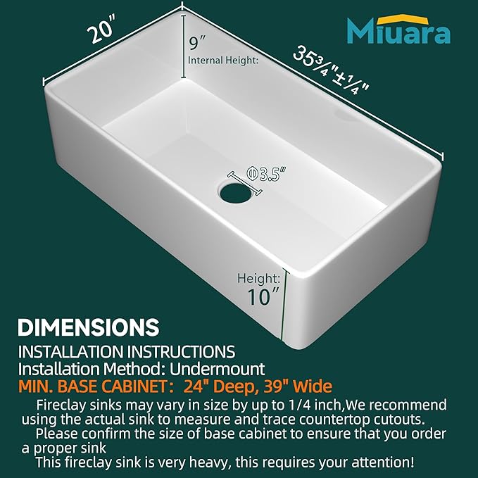 Miuara Farmhouse Sink 36 Inch - Extra Large Apron Front Kitchen Sink Reversible 36"x20"x10", Undermount, Farm House Style Deep Single Bowl, Heavy Duty Solid Fireclay, Glossy White, for Kitchen