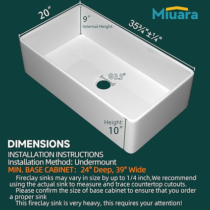 Miuara Farmhouse Sink 36 Inch - Extra Large Apron Front Kitchen Sink Reversible 36"x20"x10", Undermount, Farm House Style Deep Single Bowl, Heavy Duty Solid Fireclay, Glossy White, for Kitchen