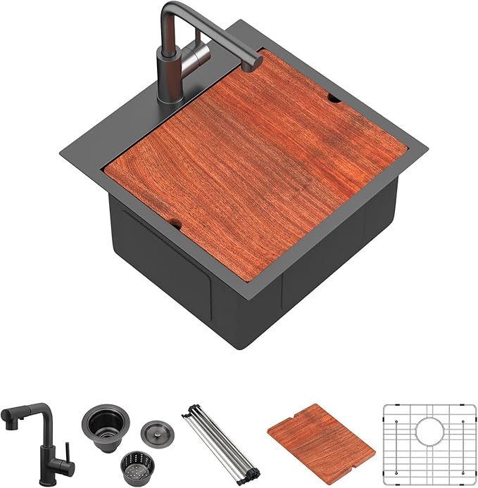Mocoloo 18 Inch Drop-in Kitchen Sink with Faucet, Black Stainless Steel Bar Sink - 18x18x9 Inch Small Topmount Single Bowl Workstation with Pull-Out Faucet