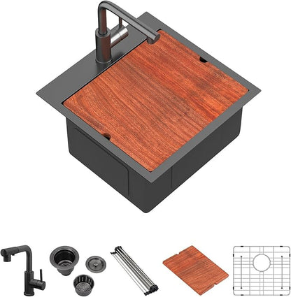 Mocoloo 18 Inch Drop-in Kitchen Sink with Faucet, Black Stainless Steel Bar Sink - 18x18x9 Inch Small Topmount Single Bowl Workstation with Pull-Out Faucet