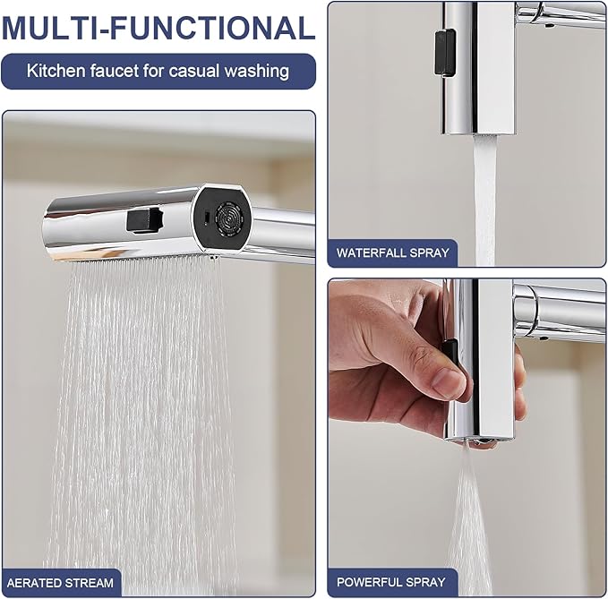 AVSIILE Touchless Waterfall Kitchen Faucets with Pull Down Sprayer & Soap Dispenser in Chrome, Single Hole, Single Handle, Pull Out Sink Faucet, Suitable for Farmhouse Camper Laundry Rv Bar