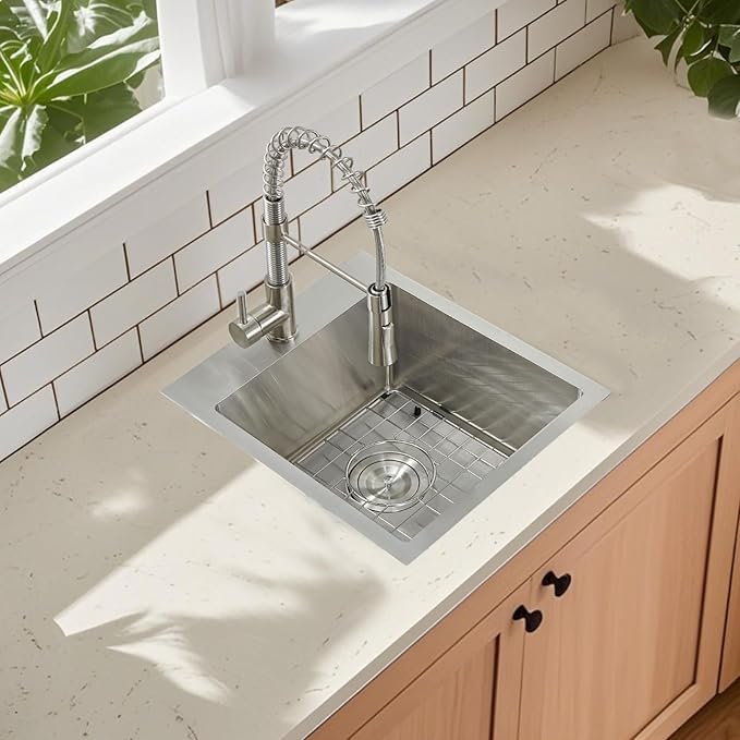 15 Drop In Bar Sink, 16 Guage Stainless Steel 13x15x9 Wet Bar Prep RV Outdoor Small Kitchen Sink Topmount Single Bowl with Drain