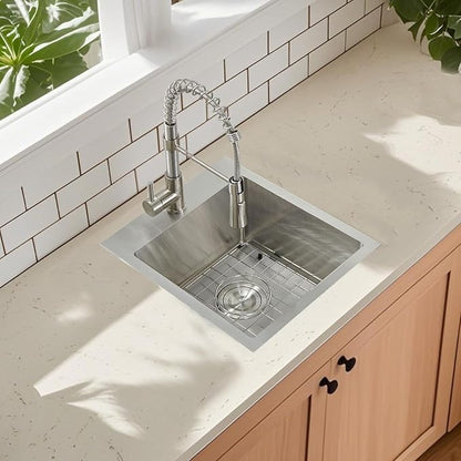 15 Drop In Bar Sink, 16 Guage Stainless Steel 13x15x9 Wet Bar Prep RV Outdoor Small Kitchen Sink Topmount Single Bowl with Drain