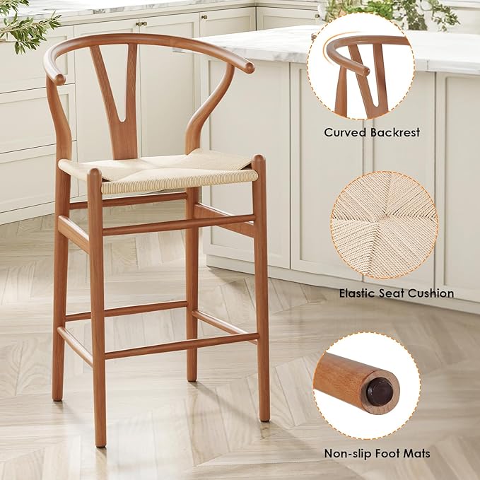 Modern Dining Chairs with Natural Weave Seat - Sturdy Construction Bar Stools for Kitchen Island, Versatile Use in Dining Room and Bedroom, Stylish Simple Design Comfortable Fully Assembled,Walnut-Rat