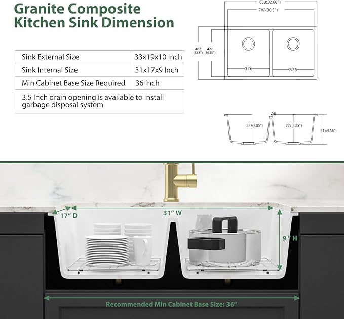 33 Granite Composite Kitchen Sink - Couoko 33x19 Inch Undermount Granite Kitchen Sink White Quartz Sink Under Counter Double Bowl Sink Basin 50/50
