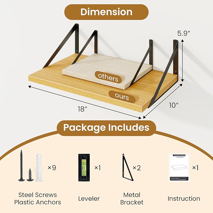 Acovy Floating Shelves for Wall,18" Wall Mounted Shelves Set of 2,Wood Floating Shelf with Bracket,Sturdy Metal Bracket Bookshelves Home Decor Storage for Living Room,Bedroom,Bathroom,Kitchen,Oak