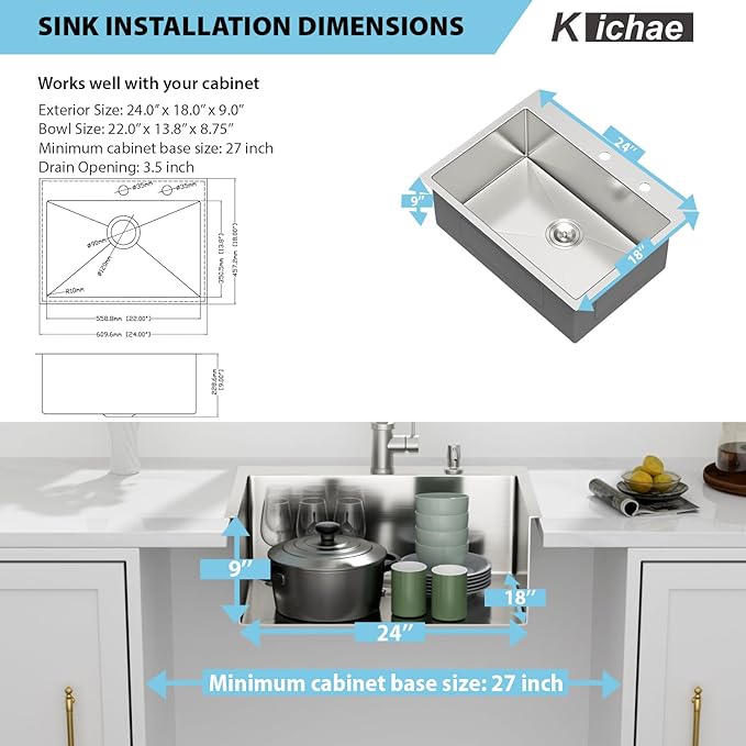 Kichae 24 Drop In Kitchen Sink - Stainless Steel Sinks 24 x 18 Inch Topmount Overmount Single Bowl Handmade Basin with Accessories