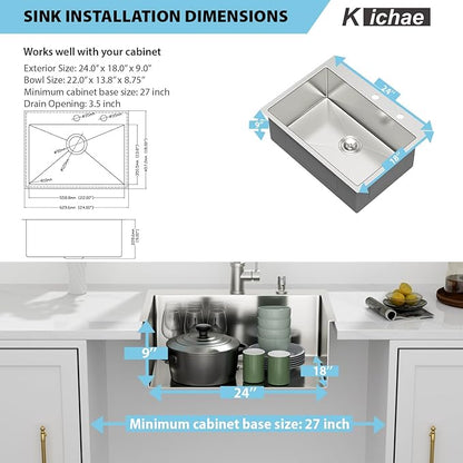 Kichae 24 Drop In Kitchen Sink - Stainless Steel Sinks 24 x 18 Inch Topmount Overmount Single Bowl Handmade Basin with Accessories