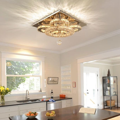 Modern 5-Ring Crystal Ceiling Light, 13.3" Dimmable LED Flush Mount Chandelier, K9 Crystal Close-to-Ceiling Lamp with Stainless Steel Base for Bedroom, Hallway, Dining Room