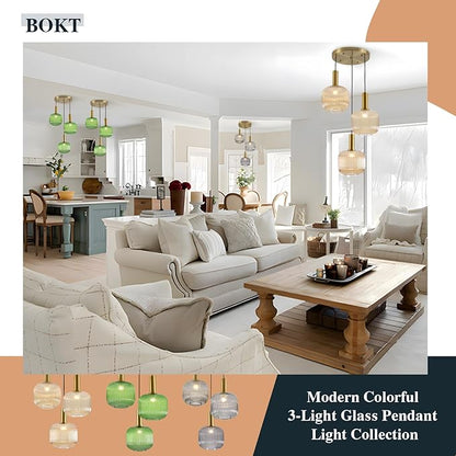 BOKT Green 3-Light Cluster Pendant Lights Mid Century Modern Ceiling Hanging Lighting 7.9" Farmhouse Gold Pendant Lights Kitchen Island with Ribbed Hand Blown Glass for Living Room Dining Room