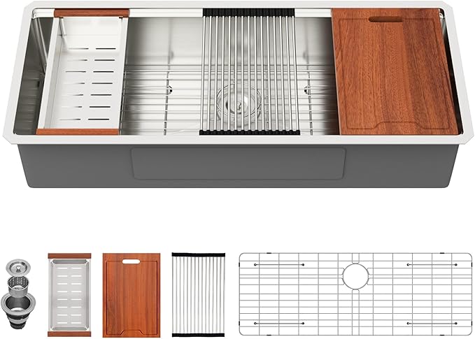 Lordear 45 Inch Undermount Kitchen Sink Super Large Ledge Workstation 16 Gauge Stainless Steel Single Bowl Under Counter Kitchen Sink with Built-in Accessories 45''x19''x10''