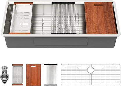 Lordear 45 Inch Undermount Kitchen Sink Super Large Ledge Workstation 16 Gauge Stainless Steel Single Bowl Under Counter Kitchen Sink with Built-in Accessories 45''x19''x10''
