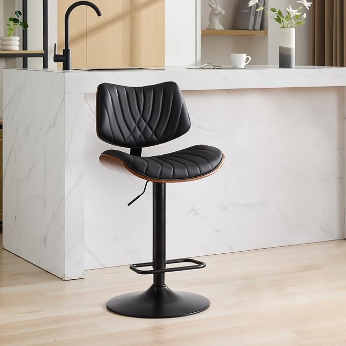Modern Mid Century Adjustable Counter Height Leather Upholstered 360°Swivel Bar Chairs for Kitchen Island/Dining Room/Cafe, 1 Chair