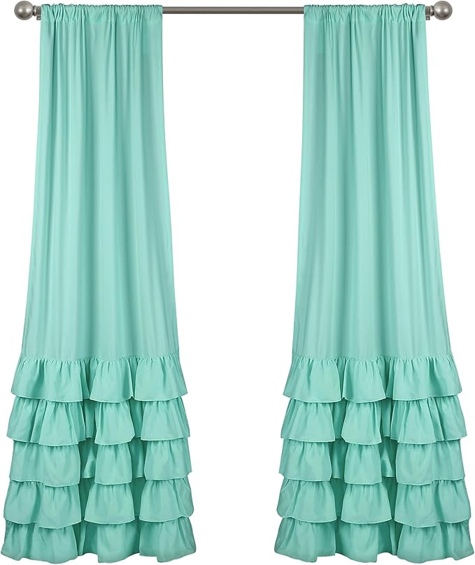 Lush Decor Allison Ruffle Light Filtering Window Curtain Panels Pair 40" W x 84" L Aqua - Coquette Curtains for Bedroom - Drapes - Ruffle Curtains Kids