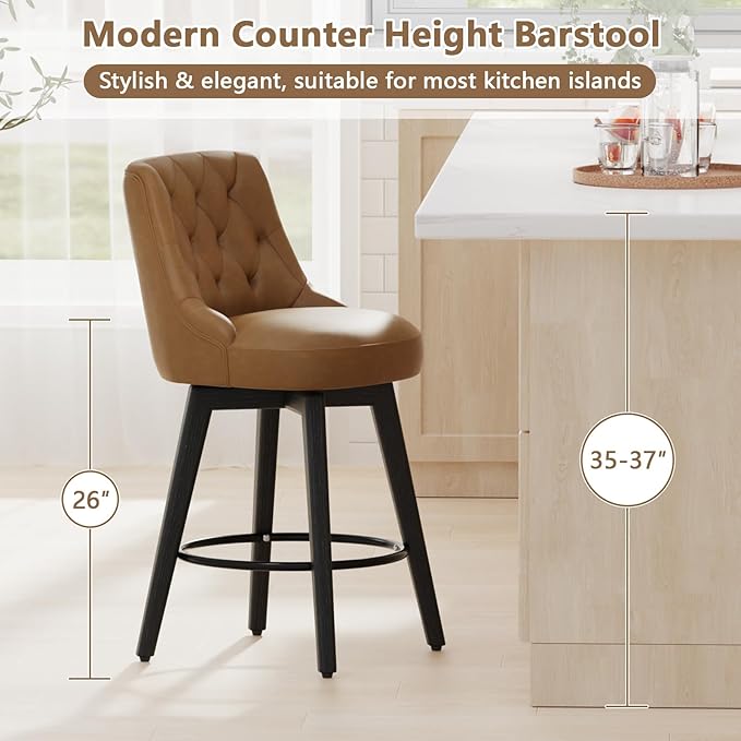 Vipbear Swivel Bar Stools Set of 2, Updated Thickened Faux Leather Counter Height Barstools with Backs, Solid Wood Legs, 26" Modern Bar Height Stools for Kitchen Island, Dining Room, Brown Seat