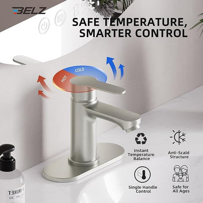 BELZ Bathroom Faucet, Single Handle Matte Black Sink Faucet for 1 or 3 Hole Installation, Modern Lead-Free Metal Vanity Faucet with Pop-Up Drain & Supply Hoses (Brushed Nickel)