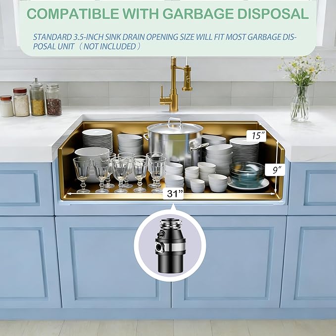 Gold Undermount Kitchen Sink 33 Inch,16 Gauge SUS304 Stainless Steel All In One Workstation Sinks With Full Set Accessories, 33" x 18" x 10" Large and Deep Handmade Single Bowl Kitchen Sinks