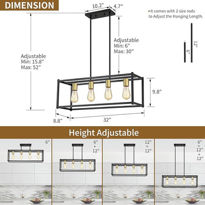 Yusist 4-Light Dining Room Light Fixture,Black Farmhouse Kitchen Island Lighting,Rustic Pendant Light Over Table with Adjustable Rods,Modern Linear Chandeliers for Dining Room Kitchen Island