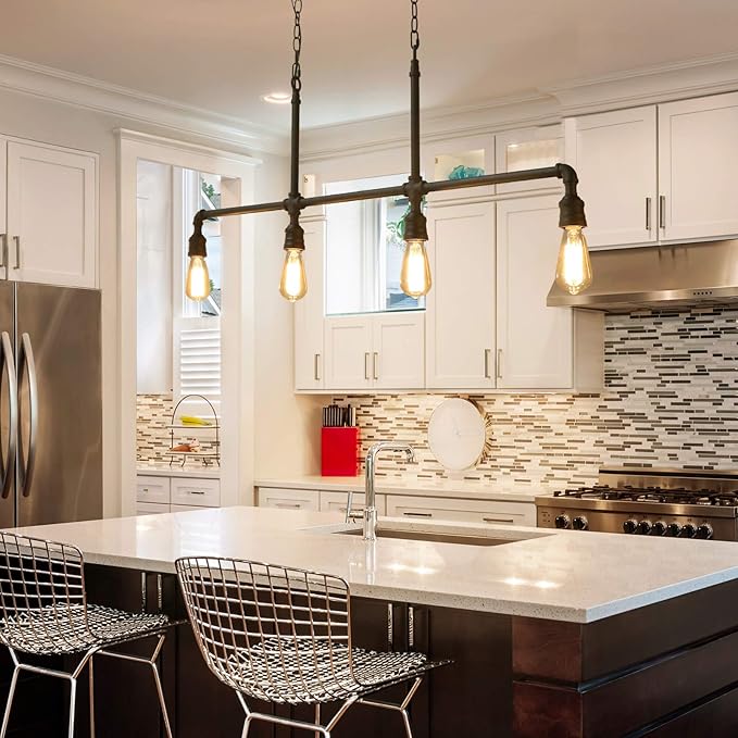 LOG BARN Pendant Lighting for Kitchen Island, 4-Light Farmhouse Industrial Lighting in Black Metal, 44" Linear Dining Room Lighting Fixtures Hanging