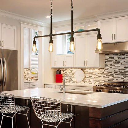 LOG BARN Pendant Lighting for Kitchen Island, 4-Light Farmhouse Industrial Lighting in Black Metal, 44" Linear Dining Room Lighting Fixtures Hanging