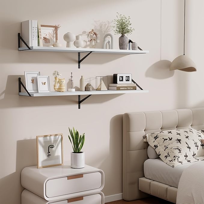 Acovy 48inch Floating Shelves for Wall,10" Deep Floating Shelves with Metal Brackets,Wall Mounted Hanging Floating Shelf,Wide Display Shelves for Living Room,Bedroom,Office,Kitchen,White