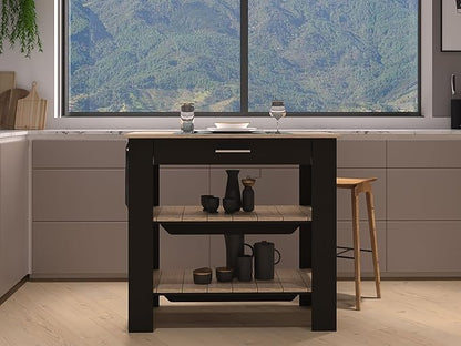 GOWE Kitchen Island 37" H, Two Open Storage Shelves, One Drawer, Four Legs,Towel Hanger, Black/Light Oak