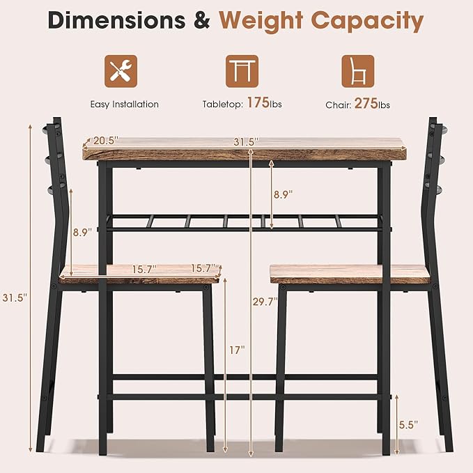 Fenbeli 3 Piece Dining Table Set - Small Kitchen Table & Chair Sets for 2, Breakfast Table Set w/Steel Frame, Built-in Storage Rack for Dining Room, Living Room, Apartment (Brown, Small)