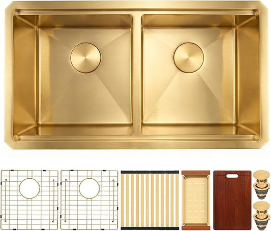 MILOSEN 30x18 Inch Gold Undermount Kitchen Sink, 50/50 Gold Double Bowl Workstation Sink with Integrated Ledge & Accessories,10''Large and Deep T304 Stainless Steel Handmade Sinks