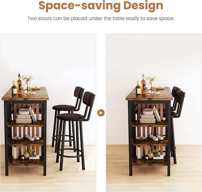 Recaceik 47" Bar Dining Table Set for 2, 3 Piece Bar Table and Chairs Set, Kitchen Counter Height Dining Table Set, Small Kitchen Bar Table with Storage & 2 Stools, Breakfast Nook Set for Small Space