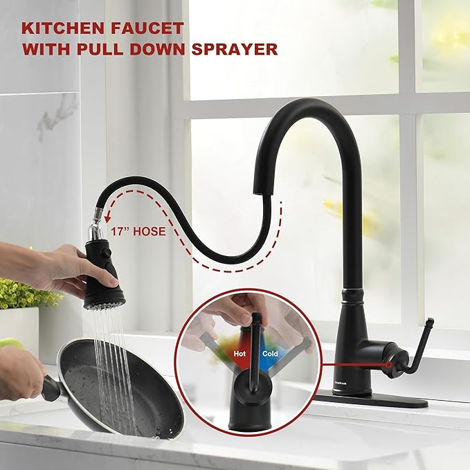 Kitchen Faucet with Pull Down Sprayer, 17 inch Matte Black Antique Single Handle Pull Out Kitchen Sink Faucet with Deck Plate for Classic Modern Ktichen