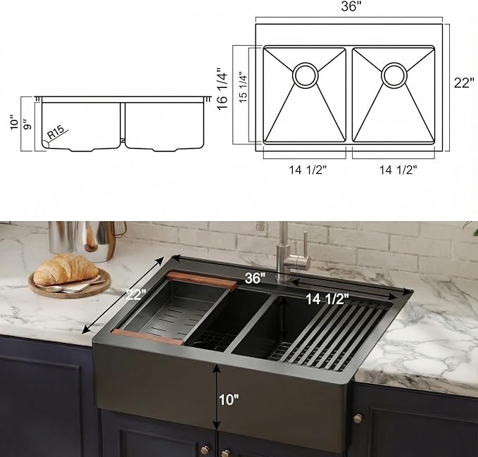 LQS Double Bowl Kitchen Sink, Undermount/Drop In Kitchen Sink, Double Bowl Stainless Steel Kitchen Sinks, 16 Gauge Stainless Steel Handmade Sinks (Black, 36" x 22" x 10")
