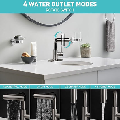 Bathroom Faucet, Single Handle Pull Out, 1 or 3 Holes, Stainless Steel, Brushed Matte Black, 24 Inch Hose, 4 Mode Sprayer, Deck Mount, Bathroom Sink Vanity