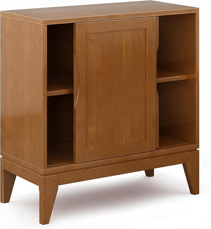 SIMPLIHOME Harper Storage Cabinet - 30 inch Wide Solid Hardwood 2-Shelf Low Console Cabinet in Teak Brown, Mid-Century Modern Cupboard for Living Room with Sliding Doors and Adjustable Shelves