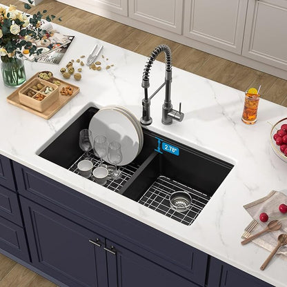 33 Inch Black Undermount Granite Composite Kitchen Sink- Under Counter Quartz Double Bowl Workstation Sinks with Accessories Quick Drain Noise Reduction Classic Style