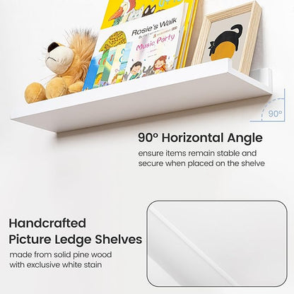 Picture Ledge Shelf for Wall, 24 inches Solid Pine Wood Nursery Book Shelves 3 Packs, Floating Ledge Shelves for Kids' Room Bedroom Bathroom Living Room Photo Frames Office Nursey Wall Decor, White