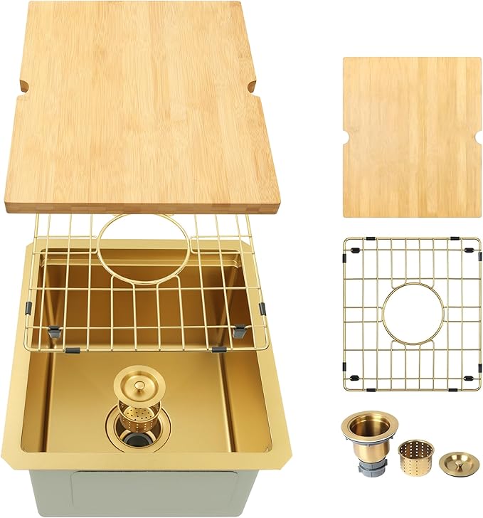 15 Inch Gold Sink Undermount, 16 Gauge 304 Stainless Steel Workstaion Kitchen Sinks with Ledge & Accessories, 15" x 17" x10" Deep Bowl For Outdoor, RV,Prep Sink, and Wet Bar