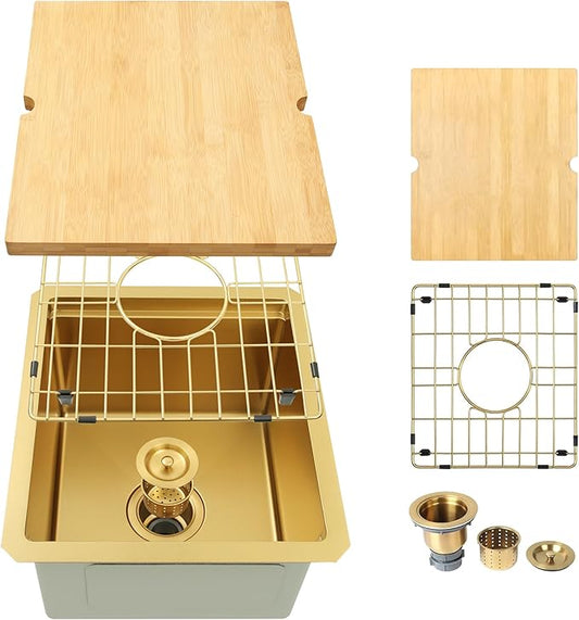 15 Inch Gold Sink Undermount, 16 Gauge 304 Stainless Steel Workstaion Kitchen Sinks with Ledge & Accessories, 15" x 17" x10" Deep Bowl For Outdoor, RV,Prep Sink, and Wet Bar