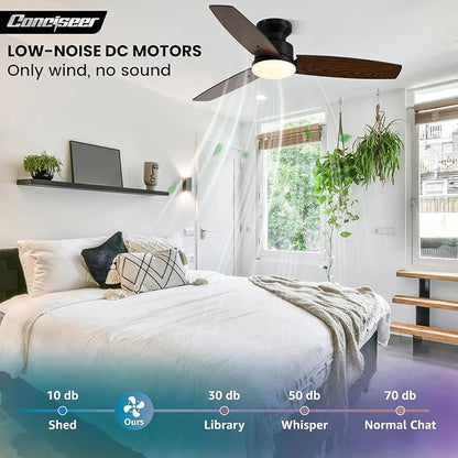 Conciseer 42 Inch Ceiling Fans with Lights and Remote, Bedroom Living Room Office, Flush Mount, 3CCT Dimmable, Dual Color 3 Blades, 6 Speed Reversible Quiet DC Motor, Black/Wood Grain, 2 Pack