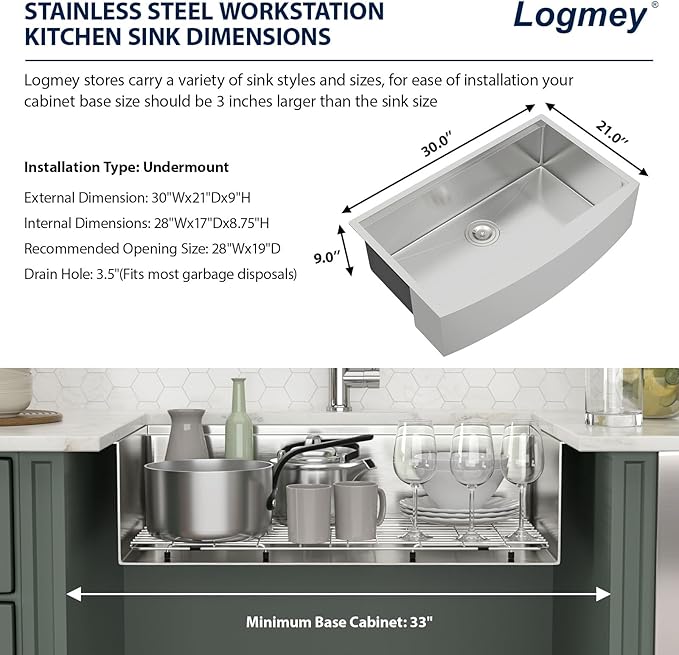 Logmey 30 In Farmhouse Sink, 30x21 Stainless Steel Flat Apron Front Kitchen Sink Workstation, Undermount 16 Gauge Single Bowl Farm Sinks for Kitchen