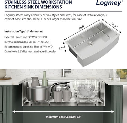 Logmey 30 In Farmhouse Sink, 30x21 Stainless Steel Flat Apron Front Kitchen Sink Workstation, Undermount 16 Gauge Single Bowl Farm Sinks for Kitchen