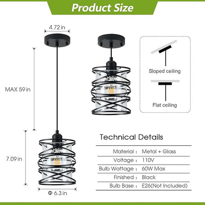 1-Pack Pendant Light Fixtures 6.3Inch Black Spiral Kitchen Island Light Modern Metal Cage Handblown Seeded Glass Ceiling Hanging Light Adjustable Cord for Dining Room Foyer Hallway, E26