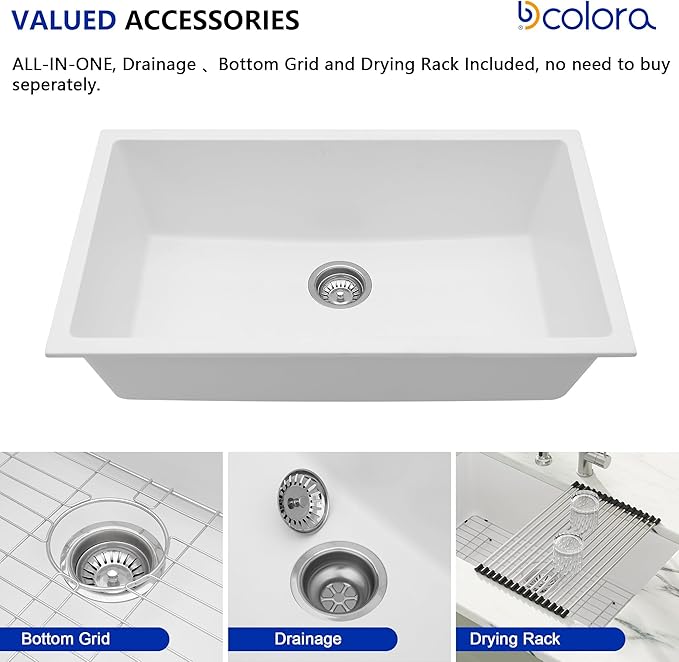Dcolora 33 In. White Undermount Granite Composite Kitchen Sink, Single Bowl Quartz Sink, Deep Modern Kitchen Sink, 33" X 19" X 9.65"#DC-GU7750