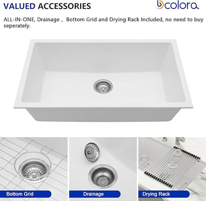 Dcolora 33 In. White Undermount Granite Composite Kitchen Sink, Single Bowl Quartz Sink, Deep Modern Kitchen Sink, 33" X 19" X 9.65"#DC-GU7750