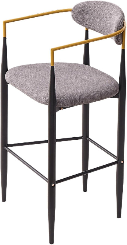 Modern Upholstered Accent Chair Set of 2 with Gold Accented Armrests, Ergonomic Barrel Back, Padded Fabric Seat, Metal Frame for Dining Room, Kitchen Island, Counter, Office (Grey,Bar Stool)