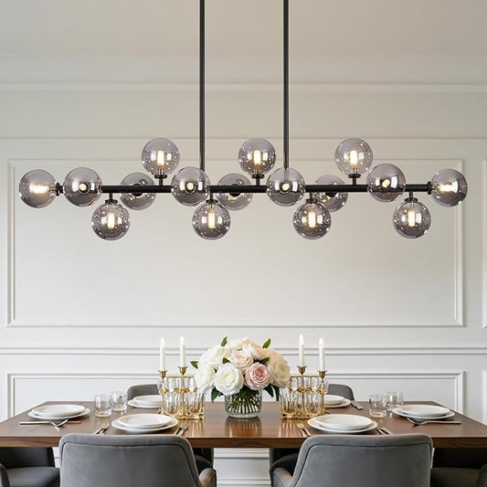 56 Inch Black Linear Chandeliers for Dining Room, Kitchen Island, Living Room, 16-Light Mid Century Modern Light Fixture Over Table, Large Smoke Grey Glass Globe Sputnik Bubble Chandelier