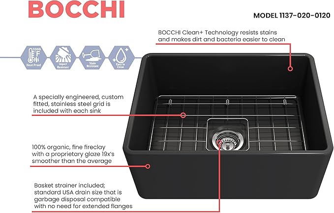 BOCCHI Classico Farmhouse Apron Front Fireclay 24 in. Single Bowl Kitchen Sink with Protective Bottom Grid and Strainer in M.Dark Gray